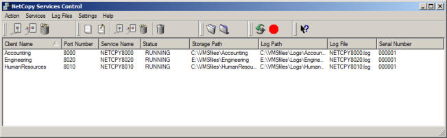 NetCopy services control screen